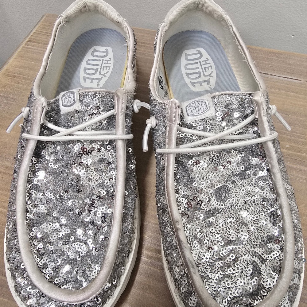 Hey Dude Wendy Sequin Silver Cream Slip On Loafers Shoes 42695-13R Womens 7